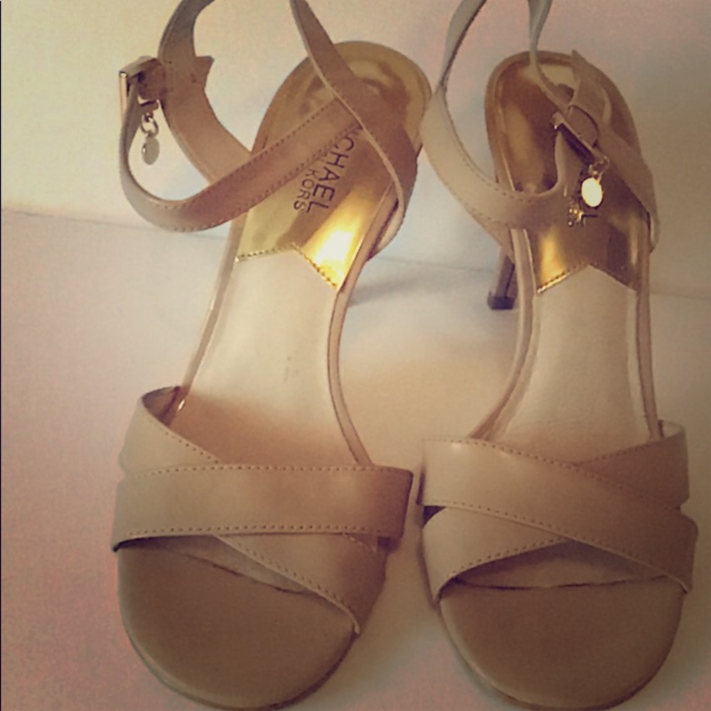 Michael Kors strapy heels.  Nude. Patent leather.